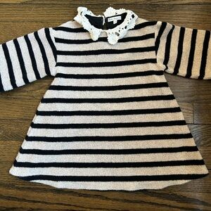 Bebe Organic Black and Tan Striped Terry Cotton Dress with Crochet Collar, Sz 3